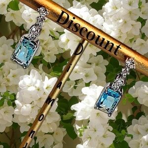 Sky Blue Zircon & White Baguette Diamond Dangle Earrings on 925 Silver